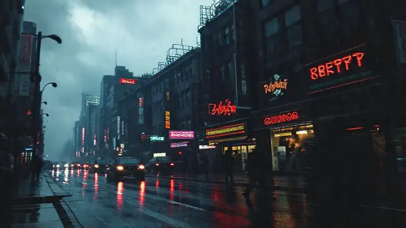 Ciudad oscura, lluvia y misterio